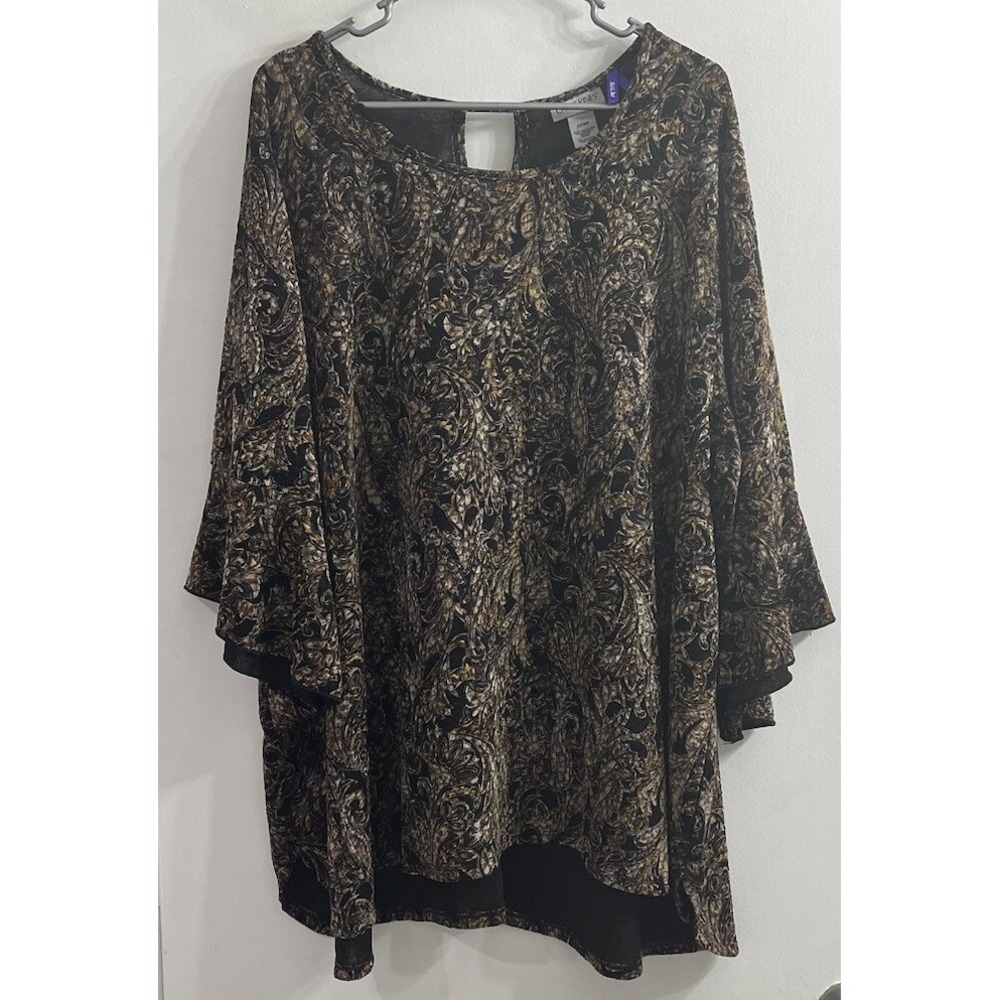 Catherines Womens 2XWP 22/24WP Black Gold Paisley Tunic Top Bell Sleeve Stretch